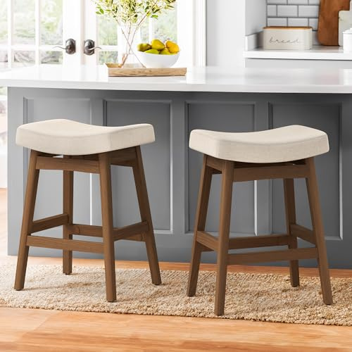LUE BONA Barhocker 2er Set, 61 cm Hoch,KüChenhocker mit Leinen Sitzfläche und Fußstütze,Bar Hocker mit 4 Holzbeinen,Moderner Barstuhl für Küche,Wohnzimmer,Bar,Leinen,in Leinenoptik