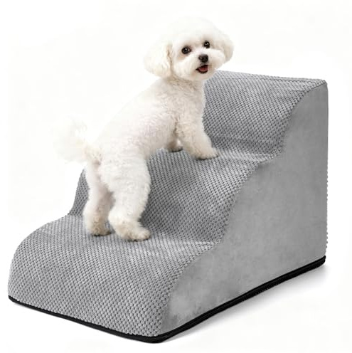 Greatbond Hundetreppe für Kleine Hunde 40cm, 30D Hochdichter Schwamm Hundetreppe, Haustiertreppe für Bett Sofa mit Waschbarem Bezug und Rutschfestem Boden, 40x60x40cm, 3 Stufen, Grau