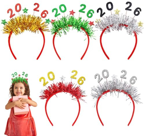 5 Stück 2026 Silvester Haarreif, Silvester Deko 2026 Neujahrs Dekoration Stirnband, Weihnachten Haarreifen, Glitzer Lametta Stirnbänder, Neujahrs Silvesterdeko Haarschmuck, kopfschmuck Silvesterparty