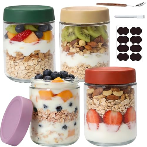 FRKOKRFA 4 tarros de avena durante la noche, 500 ml, tarros de conservas con tapa de rosca para mermeladas caseras, yogur, pudín, encurtidos, como cajas de preparación de comidas