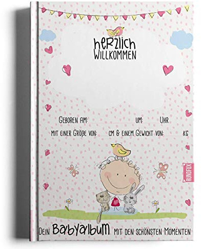 Babytagebuch für Mädchen mit personalisierbarem Cover für das 1. Jahr mit allen Meilensteinen zum Eintragen, Aufbewahren und Verschenken A4 - Rundfux