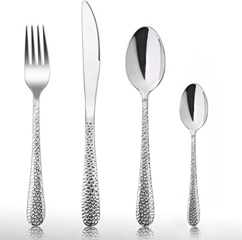 HaWare 24 Piece Cutlery Set, Stainless Steel Hammered Flatware Silverware Service for 6, Include Knife Spoon Fork, Mirror Polished & Dishwasher Safe