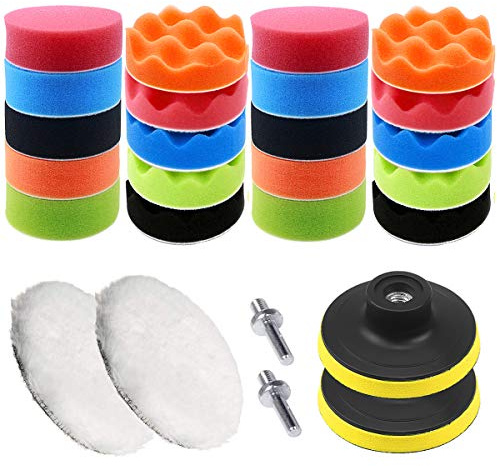 Vascinate 26PCS Polierpad Set, 22 pcs 3 inch （80mm） Auto Polierschwamm und 2pcs M10 Bohrer Adapter, Auto Polierset Polierschwamm Schwamm und Wolle Polierpad Set Polierteller für Poliermaschine