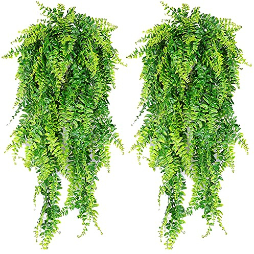 ASOENTIWOX 2 Pack Artificial Hanging Plants, Artificial Trailing Plants, Fake Leaves Wall Decoration for Indoor Outdoor, Wedding Balcony Courtyard Basket Hanging Rattan Decoration Wreath