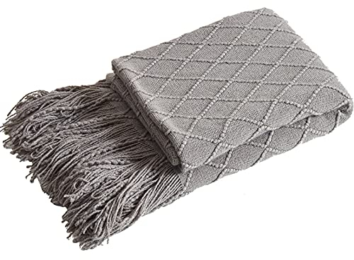 Zoomlie Gelbe gestrickte Überwurfdecke mit dekorativen Fransen, 125 x 170 cm, warme, gemütliche Überwürfe für Sofas, große elegante Yoga-Decken für Bett, Couch, Stuhl, Büro, Schal (grau, 125 x 170 cm)