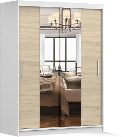 Fabryka Mebli Idźczak Kleiderschrank mit Spiegel, Schiebetüren - Schwebetürenschrank, Schlafzimmerschrank - ‎61 x 150 x 200 cm - Schrank für Schlafzimmer, Ankleidezimmer, Garderobe - Weiß, Sonoma