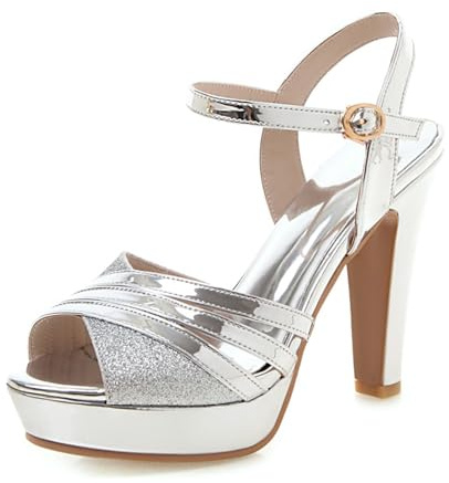 Lroey Reoly Sandalias para Mujer de Tacón Alto, Sandalias Punta Abierta Elegante Tacón Ancho Zapatos de Fiesta con Plataforma Hebilla Correa de Tobillo 071 Plateado Talla 40 EU