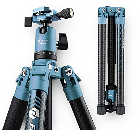 Fotopro 64 tums kolfiberkamerastativ med monopod 360 kulhuvud 1/4 snabbkopplingsplatta lätt professionellt stativ för DSLR Canon Nikon Sony vikbar storlek 35 cm max laddar upp 12 kg blå