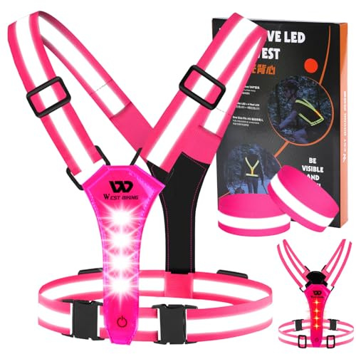 West Biking Warnweste Fahrrad Led Reflektorband Laufweste, USB aufladbar Leuchtband Joggen Reflektierende Weste Leuchtweste, Elastische Einstellbar Lauflicht Erwachsene Kinder Hund Wandern