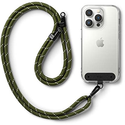 Ringke Holder Link Strap with Black Nylon Tag, Adjustable Crossbody Polyester Rope Lanyard Compatible with Universal Smartphone Case - Khaki & White