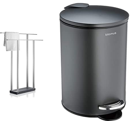 blomus -MENOTO- Handtuchständer aus mattiertem Edelstahl & TUBO- Treteimer aus pulverbeschichtetem Stahl, Anthrazit, 3L Fassungsvermögen, Smart-Close-System, entnehmbarer Eimer