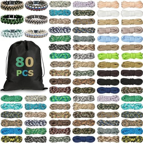 Riakrum 80 Pcs Paracord 550, 10ft Each Multifunction Paracord Ropes Combo Crafting Kits with Drawstring Bag for Making Lanyard Bracelet Dog Collar Idea for Gift Beginner DIY Supplies(Nature Color)