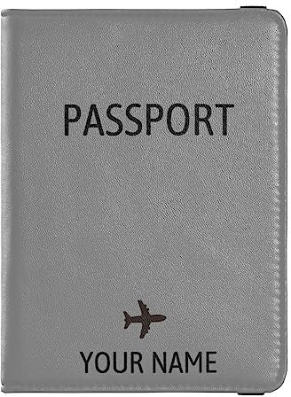 Personalisierte Reisepasshülle, Brieftasche, Kombi, individueller Name, PU-Leder, Reisepass, Impfkarten-Schutz für Frauen und Männer, Reisegeschenk, Flugzeug, Dunkel_Grau, Einheitsgröße