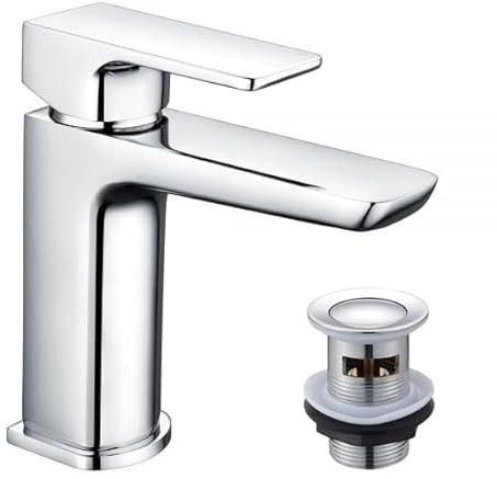 KINGBATH™ Single Lever Mini Mono Basin Mixer Tap with Click Clack Sprung Waste Bathroom Sink Hot and Cold Faucet Solid Brass Modern Chrome Plated Easy to Fit/Install