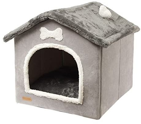 awakentti Niche pliable pour chien - Lit en peluche chaude avec coussin amovible - Sens de sécurité amélioré - Niche intérieure couverte pour petits animaux de compagnie - Cachette d'intérieur pour