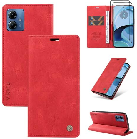 Beajew Funda para Motorola Moto G14 4G, con 2 Piezas Protector de Pantalla, Flip Funda de Piel con Magnético Funda de Cuero PU [Soporte Plegable] [Cierre magnético] - Rojo