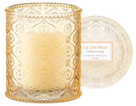 Bougie La Jolíe Muse parfumée au litchi tahitien, bougies fruitées parfumées pour la maison, bougie en cire naturelle de soja, bougies cadeaux pour femmes, 170 g, 40 heures de combustion.