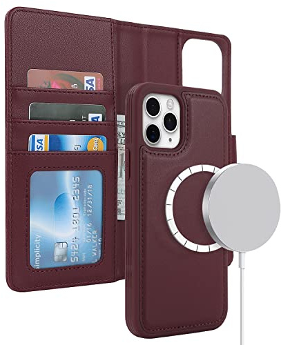 ELTEKER Hülle für iPhone 11 Pro Max, Klapphülle, Weinrot | 2-in-1 Abnehmbare Magnetische, Kabelloses Laden Kompatibel, Kartenfach, PU-Leder, Stoßfest