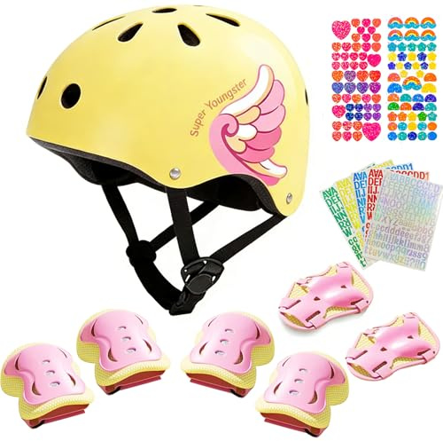 FALUCKYY Kids Bike Helmet & Pads Set - Unicorn Design, Knee & Elbow Pads, Wrist Guards for Cycling, Skateboarding & Roller Skating