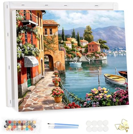 MEIYUDA Pintar por Numeros Adultos con Marco Paisaje junto al mar, DIY Painting by Numbers Kits Cuadros por Numeros, Pintura de Bricolaje Sobre Lienzo con Pinceles Decoración para el Hogar 40x30cm