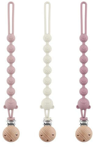 Douuco - Lote de 3 ganchos para chupete de silicona, con una sola pieza de silicona, enganche para chupete de bebé, sin BPA, para niños y niñas, color gris claro + rosa + morado claro
