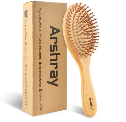 Arshray Bamboo hairbrush for combing and massaging the scalp, natural bamboo teeth, suitable for women, men, coarse, fine, wavy