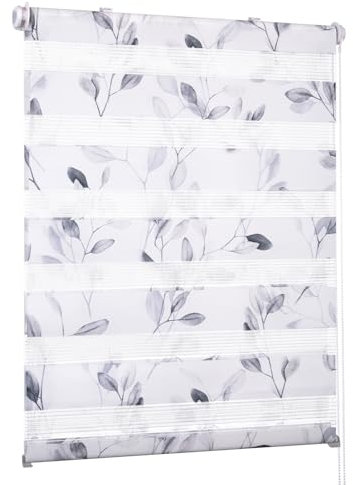 Doppelrollo Klemmfix ohne Bohren mit Muster Weiß-blätter 90x150cm