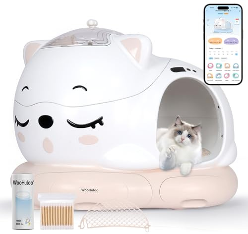 WOOHULOO Self Cleaning Cat Litter Tray,with AI & 24 Sensors,Extra Large 80L,for Large Cats & Multiple Cats, 360° Odour Control, Low-Entry Design, Quiet Motor, APP Control (White)