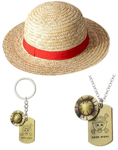 MFUOE 3Pieces Pirate Straw Hat Necklace Keychain Summer Beach Sun Hat Anime Pirate Jewellery Cosplay Fans Gift for Adult Halloween Fancy Party