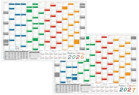 Rainbow Wandkalender/Wandplaner 2026 + 2027 (gerollt) DIN A1 Format (594 x 841 mm) 14 Monate, komplette Jahresvorschau Folgejahr und Ferientermine Feiertage aller Bundesländer
