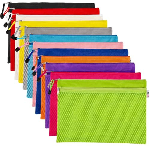 A4 Oxford Cloth Waterproof Zipper File Bags, 12PCS Zip Bags Wallets File Document Pocket Double-Layer Grid Receipt Toy Puzzle Organizer for Office School Home Supplies Travel Accessories (Rainbow)