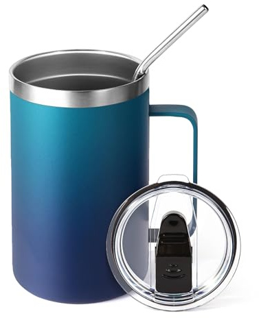Volhoply 470ml (16oz) Insulated Coffee Mug with Lid and Straw, Stainless Steel Travel Mugs with Handle, Double Wall Vacuum Leak Proof Coffee Tumbler Cup (Dark Night,1)