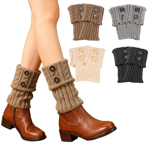 GWAEPU 4 Paar Stulpen Damen Beinwärmer Winter: Gestrickte Beinstulpen Kurz Legwarmers für Winterwärmer Einheitsgröße (Schwarz/Dunkelgrau/Khaki/Beige)