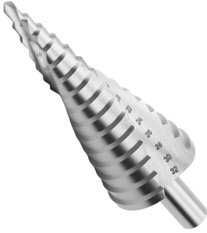 Foret Étagé Metal 4-32 mm HSS, 15 Niveaux, pour Métal, Plastique, Bois | Tige Triangulaire Antidérapante de 10 mm pour une Meilleure Fixation et Moins de Patinage Pendant le Perçage