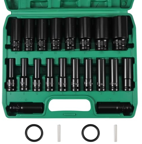 Juego de llaves de impacto de 1/2 pulgada, 20 piezas de llaves hexagonales largas de 8 mm a 32 mm, métrico, acero CR-V, llaves profundas para reparación profesional automotriz, camiones, tractores y