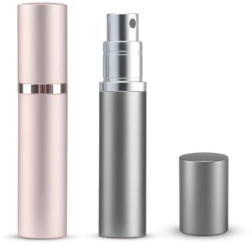 TonJin 2 PCS 5ml Travel Perfume Atomiser Refillable, Small Portable Empty Spray Bottle, Leakproof & Easy To Refill Perfume Decanter Cologne Dispenser for Women and Men(Grey & Pink)