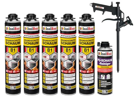 Isolbau - Bauschaum B1 - Montageschaum - PU-Schaum 5 x 750 ml - Pistolenschaum,1 x PU-Schaum-Reiniger & 1 x Schaumpistole - 1K Brandschutzschaum - Dämmschaum - Abdichtung, Wärmedämmung