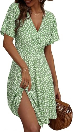 Zeagoo Robe d'été pour femme - Col en V - Manches courtes - Motif floral - Avec poches - Volants - Manches - S-XXL