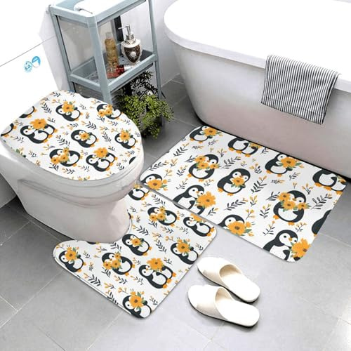 Nevjipu Set di 3 tappeti da bagno con stampa di pinguini e fiori, assorbenti, antiscivolo, lavabili, a forma di U, morbidi tappetini da doccia per WC e vasca da bagno