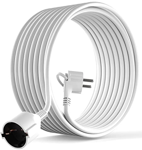 MutecPower 10 m Schuko-förlängning med 90° vinklad platt kontakt med skyddskontakt upp till 250 V 16A IP20-kabelförlängning med jordkontakter - 10 meter vit