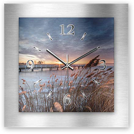 Kreative Feder 3D Designer-Wanduhr aus gebürstetem Aluminium leise Wanduhr ohne Ticken quadratisch 40x40cm (Morgensonne, leises Funkuhrwerk)
