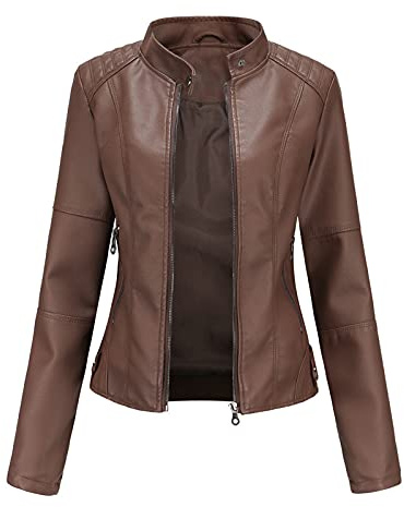 WSLCN Femme Veste en Similicuir Moto Blouson Zippé Casual Bomber Jacket Marron XL