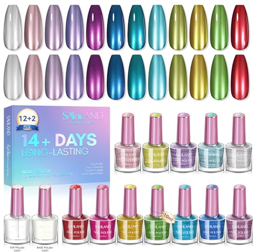 Saviland 12 Farben Metallic Nagellack Set mit Top Coat & Base Coat- Magic Semi-Mirror Effect Langlebiger Dauerhafter Nagellack Schnelltrocknend Bunte Glänzende Chrom Nail art Metall Nagellack 10ml