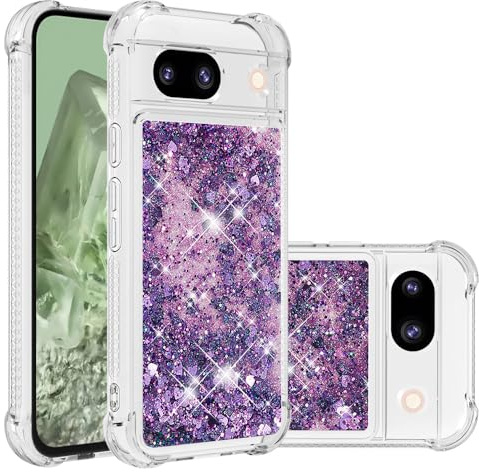 IMIRST telefonfodral kompatibelt med Google Pixel 7a Bling flytande glitter silikonskal stötsäkert Kawaii airbag skyddande fodral för Google Pixel 7a. YBW kärlek lila