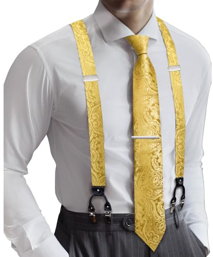 Barry.Wang Men Suspender Set with Necktie Elastic Y Type Heavy Duty 6 Clips Braces Tie Handkerchief Cufflink Pin 6PCS