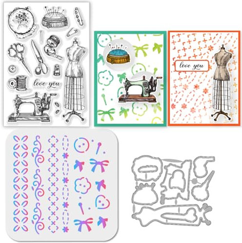 GLOBLELAND Nähgarn Hintergrund Stempel and Cutting Dies Set for Card Making Nadelarbeit Stamps and Stencils Buttons Hintergrund Embossing Stencil for DIY Scrapbooking Crafts Album Accessories