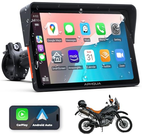 APHQUA Schermo Moto 7 CarPlay e Android Auto Senza Fili – Touchscreen impermeabile IP67 per moto con Navigation GPS, Bluetooth Trans, Siri, Vivavoce - Modello A722