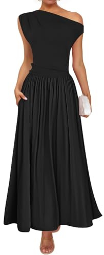 ZESICA Women's Summer 2025 Sleeveless Maxi Dress One Shoulder Casual Slim Swing Pleated Formal Dresses with Pockets,Black,Medium