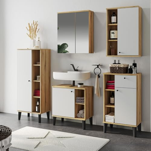 Lomadox Badmöbel-Set 5-teilig mit Waschbeckenunterschrank 60 cm, Spiegelschrank, in Eiche und weiß, modern