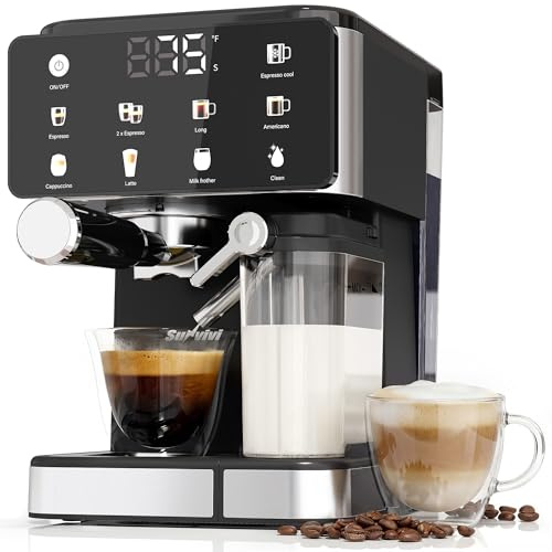 SUNVIVI Espresso Machine with Cold Brew, All-in-one Iced Coffee Maker with Automatic Milk Frother, LED Touchscreen, 51OZ Water Tank, Pressure Coffee Machine for Latte, Cappucinno, Self-clean, Black